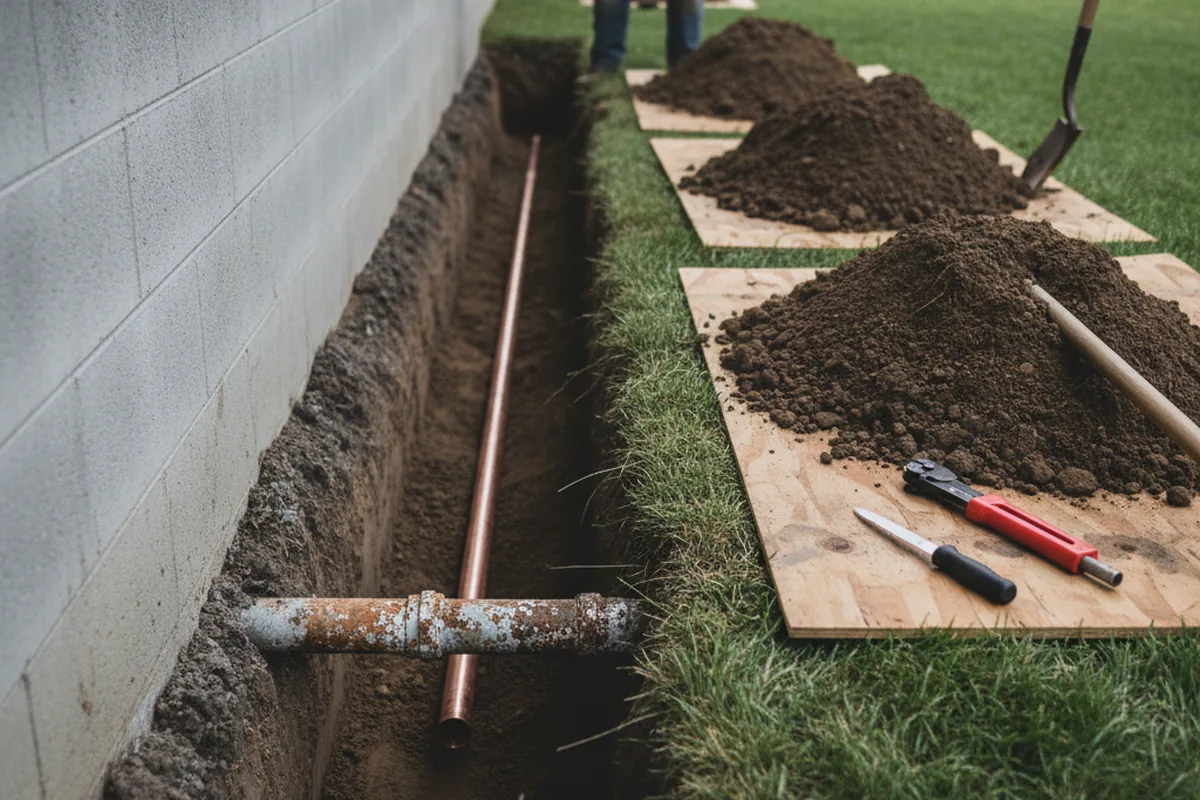 Excavated water line trench during Sewer Line Repair in Babson Park